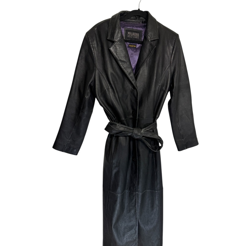 Wilsons Leather Pelle Studio Black Distressed Trench Coat Vintage 90s Y2K Large